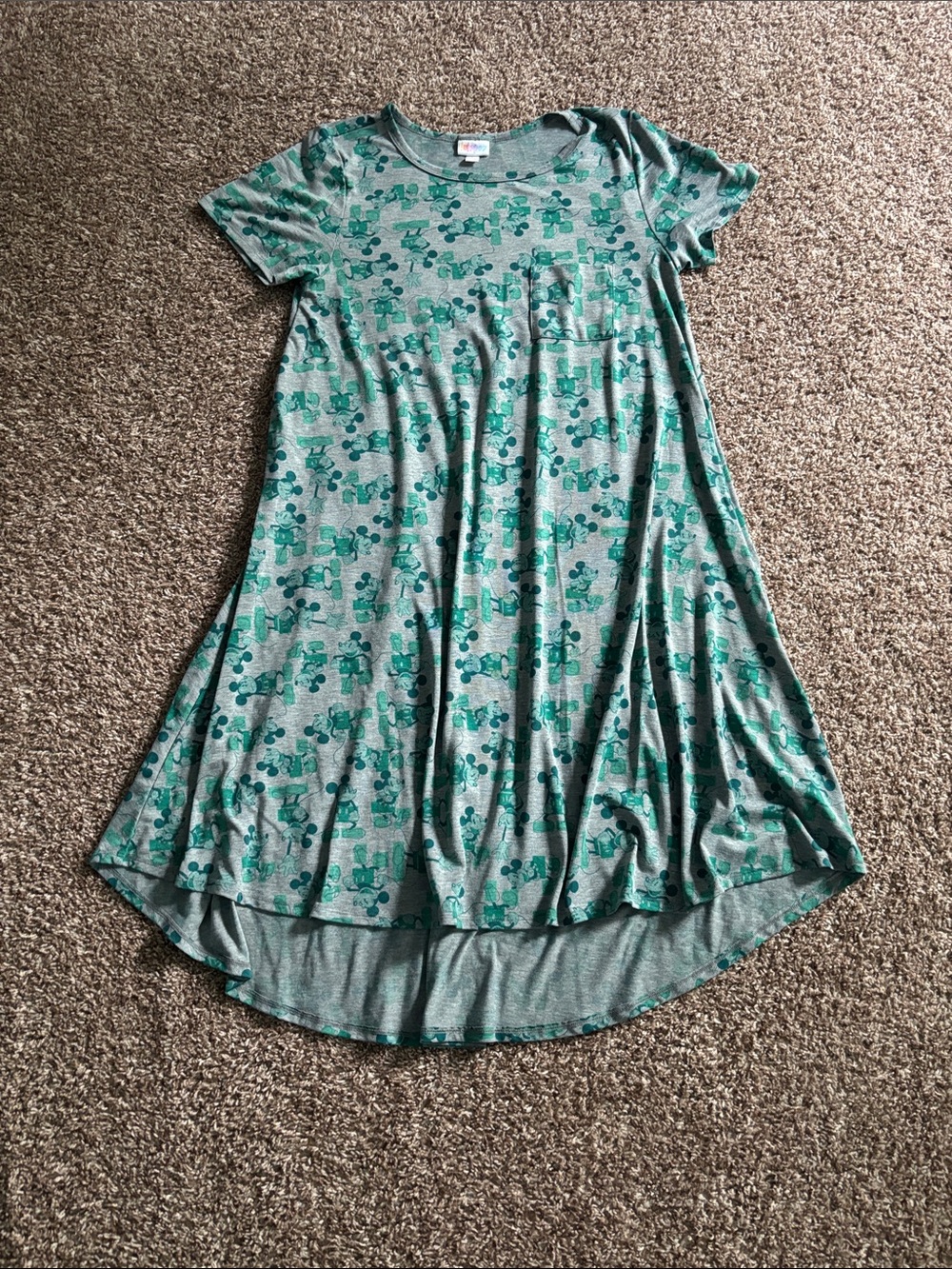 LuLaRoe Carly Gray & Green Mickey Mouse Print Top